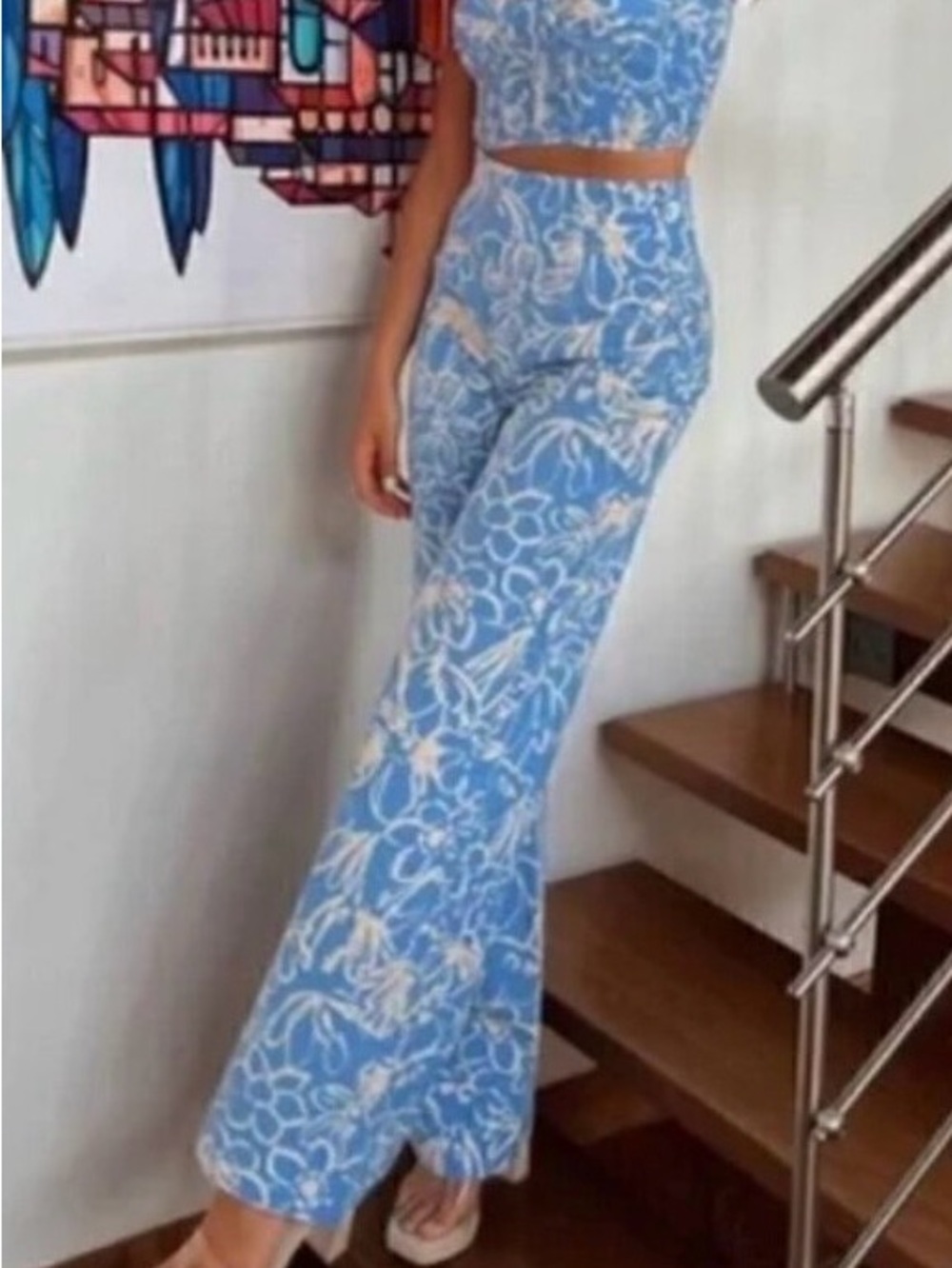 Zara Blue & Cream Wide Leg Pants sz xs